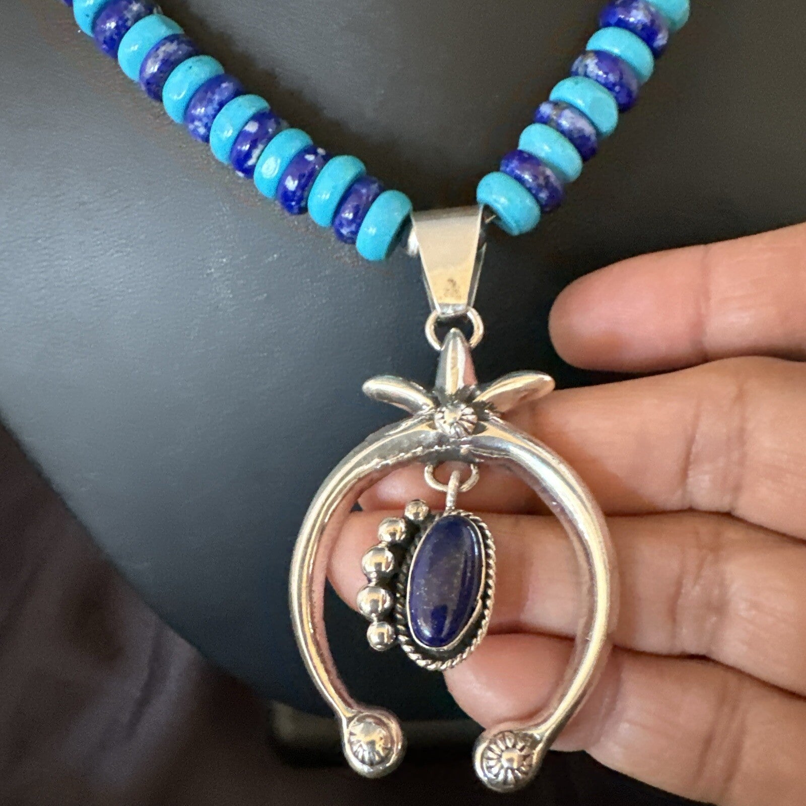 Mens Blue Lapis Turquoise Naja Pendant Navajo Sterling Silver Necklace 21" 17689