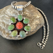 Navajo Cluster Red Turquoise Pendant Necklace | Sterling Silver | Authentic Native American Handmade | 17711