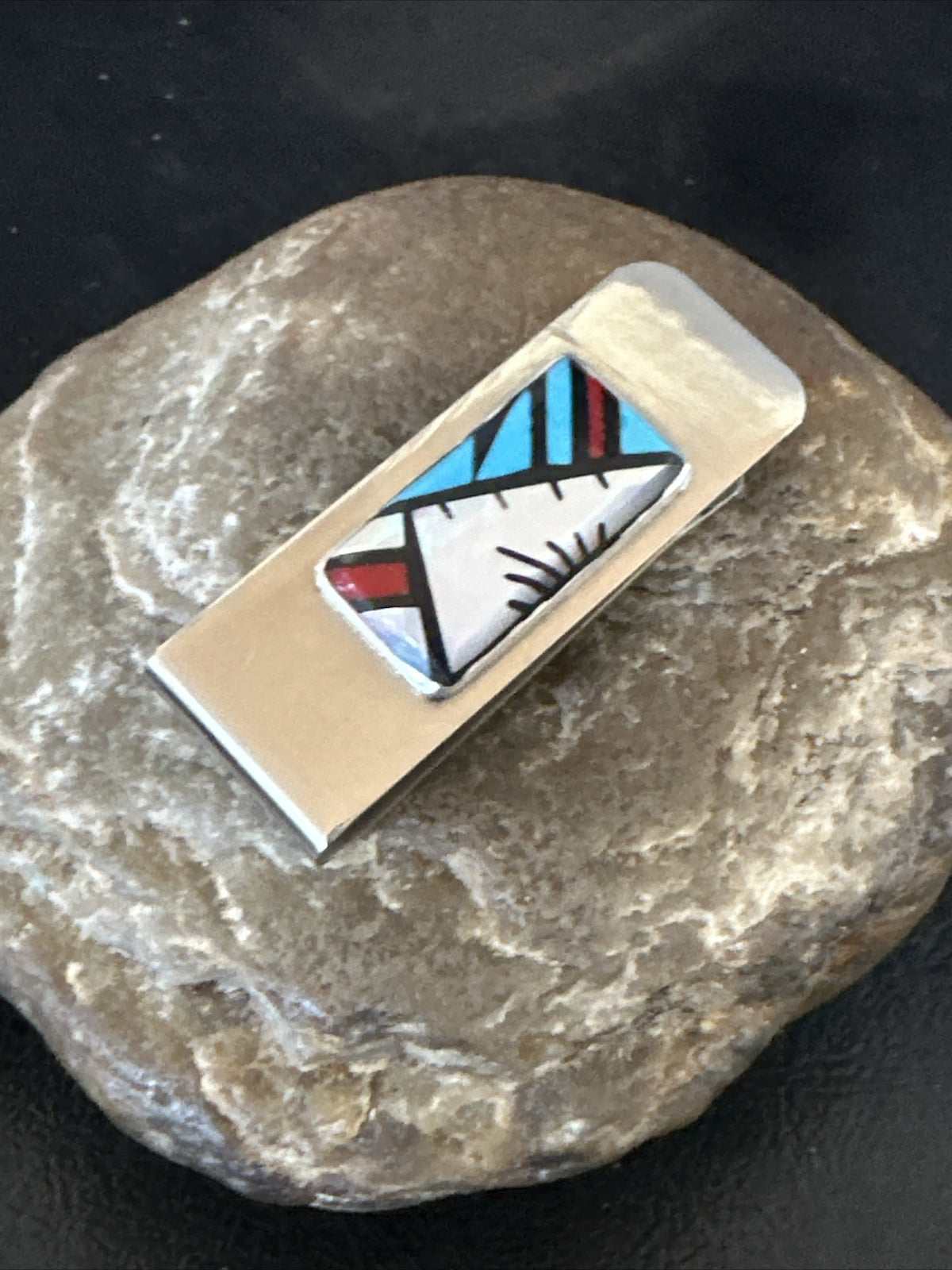 A Zuni Mens Turquoise Spiny Inlay Stainless Sterling Silver Money Clip 17833