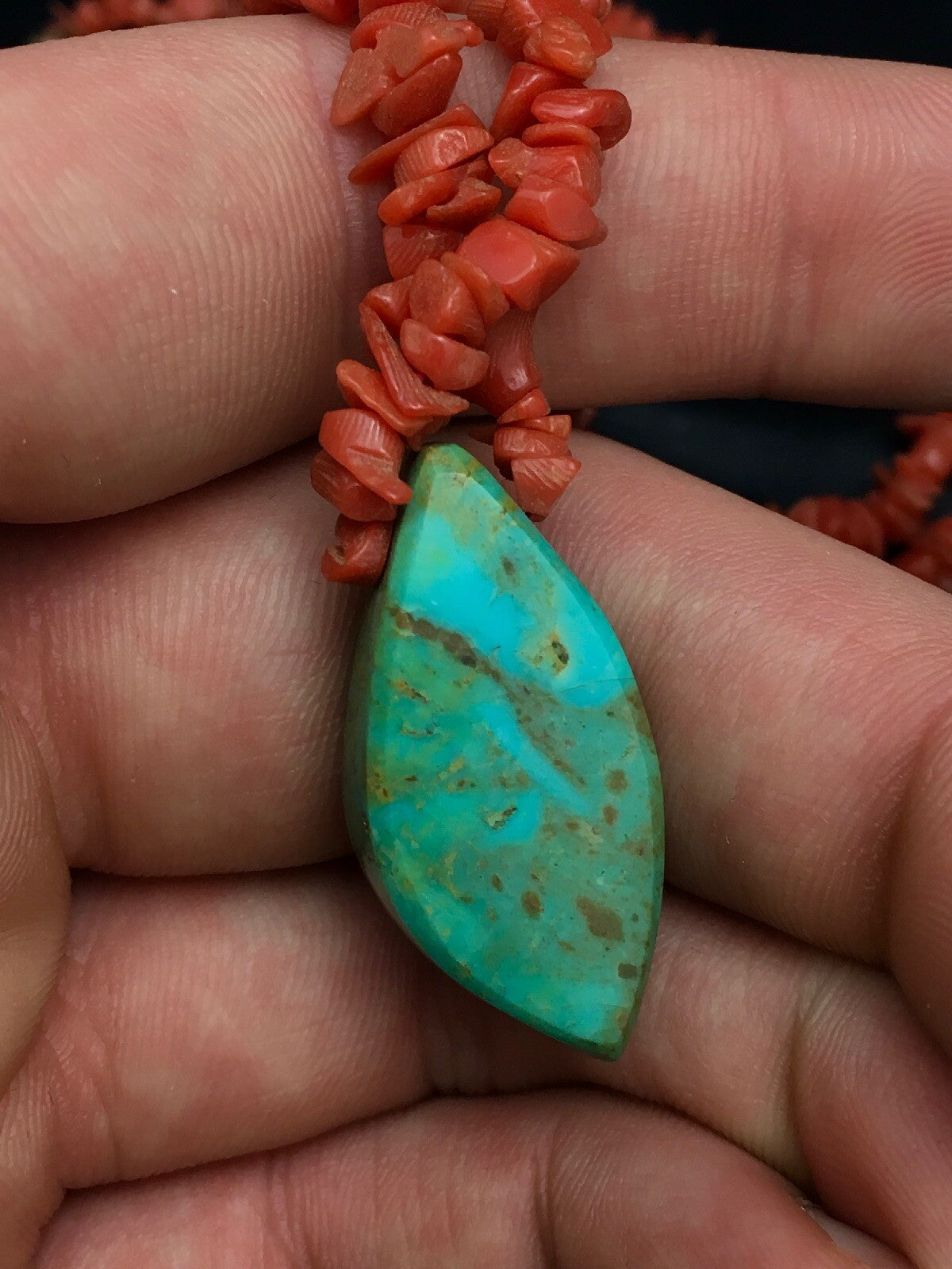 Native American Turquoise Pendant Coral Brass Old Pawn Necklace 19" 04005