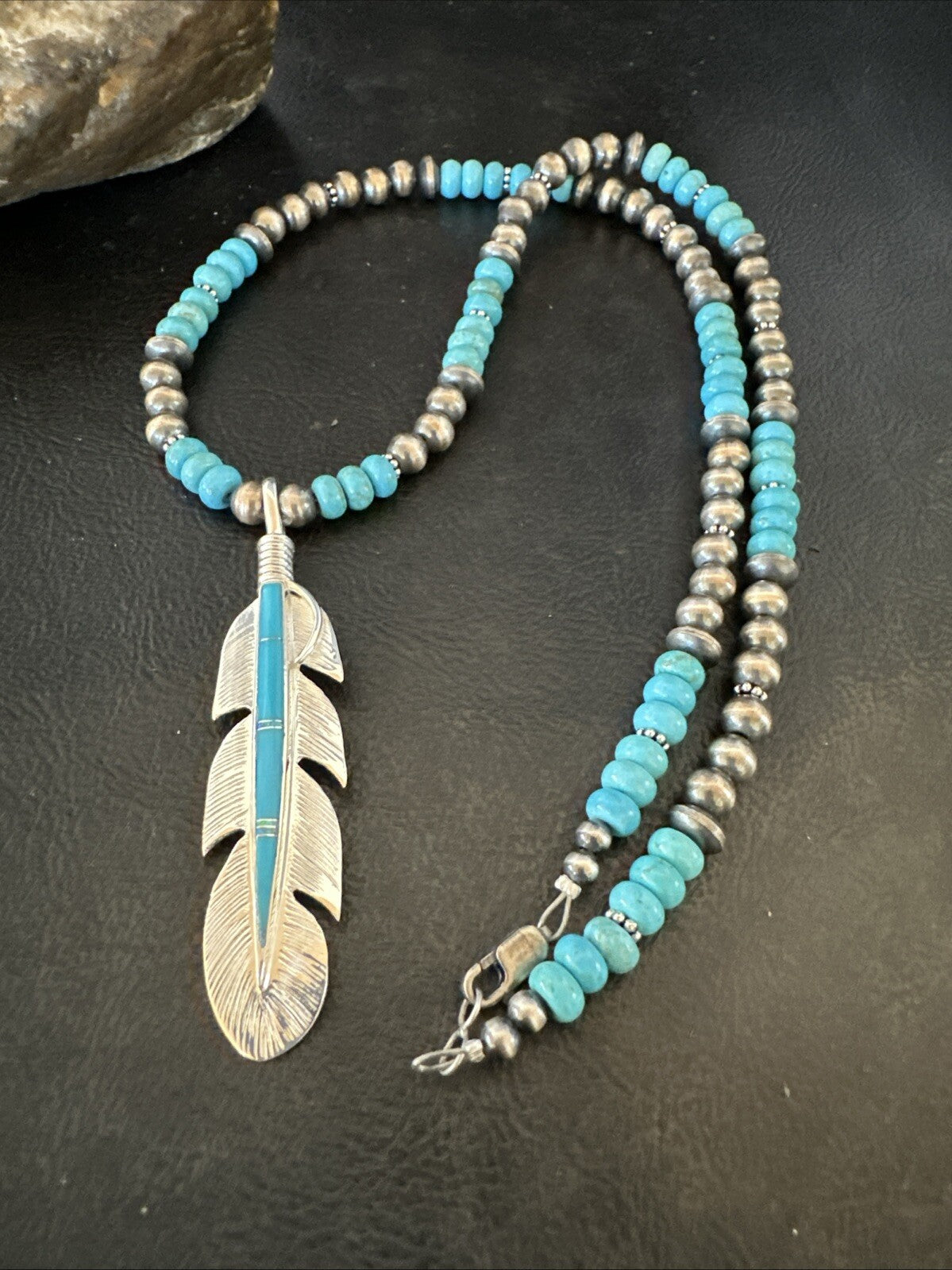 Mens Feather Turquoise Pendant Navajo Sterling Silver Necklace 18668