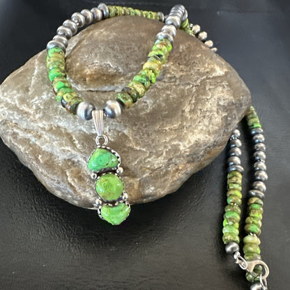 Womens Green Gaspeite Turquoise Pendant Navajo Sterling Silver Necklace 18388