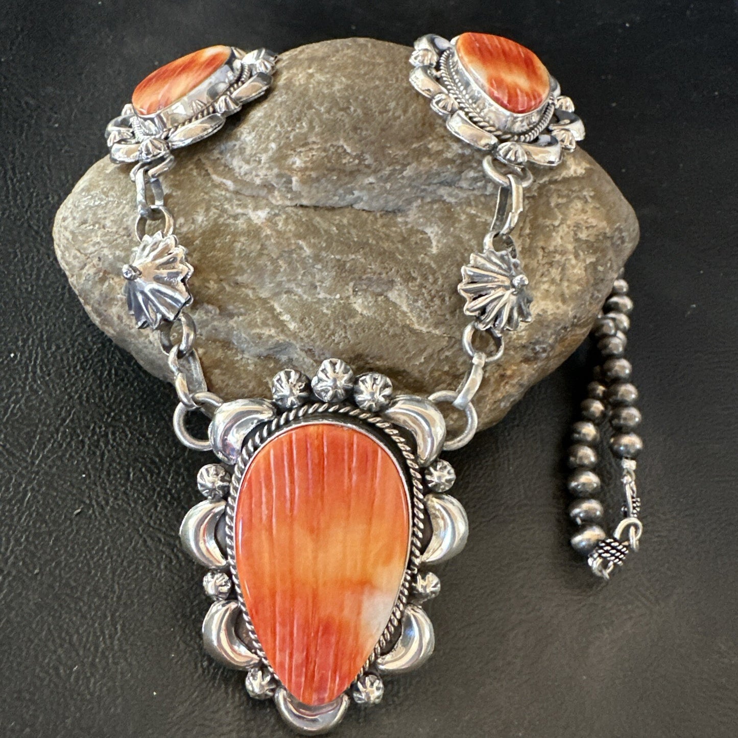 Orange Spiny Oyster Pendant Navajo Sterling Silver Lariat Necklace 21" 18627