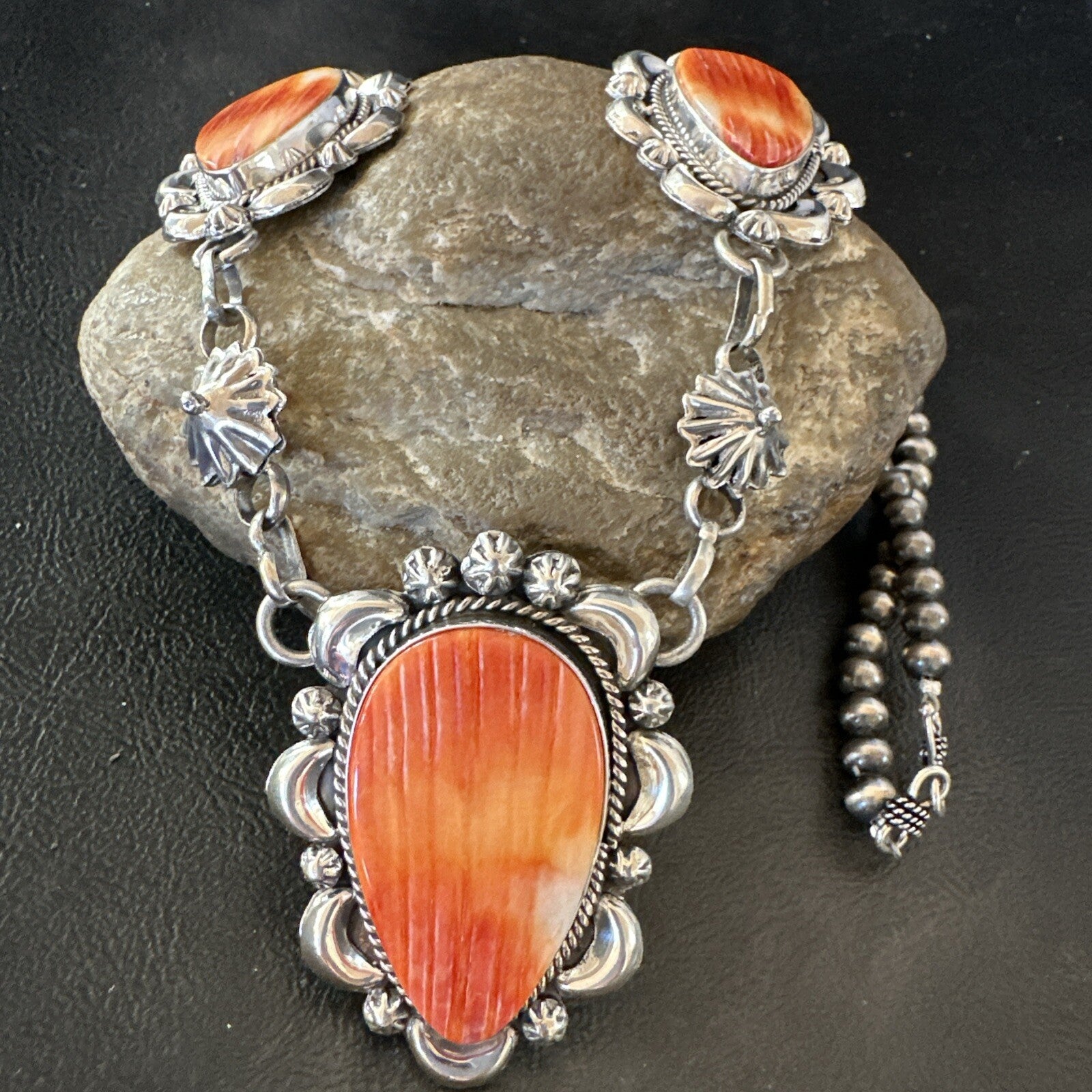Orange Spiny Oyster Pendant Navajo Sterling Silver Lariat Necklace 21" 18627