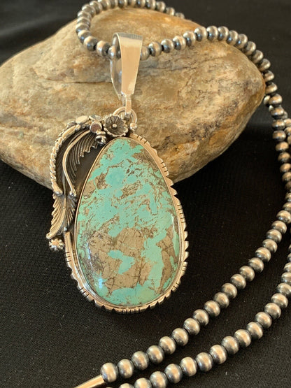 Mens Blue Turquoise Pendant Sterling Silver Necklace 02565