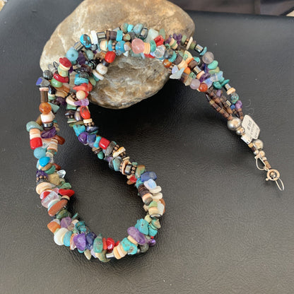 Turquoise & Coral 3 Strand Navajo Bead Sterling Silver Necklace 22” 10402