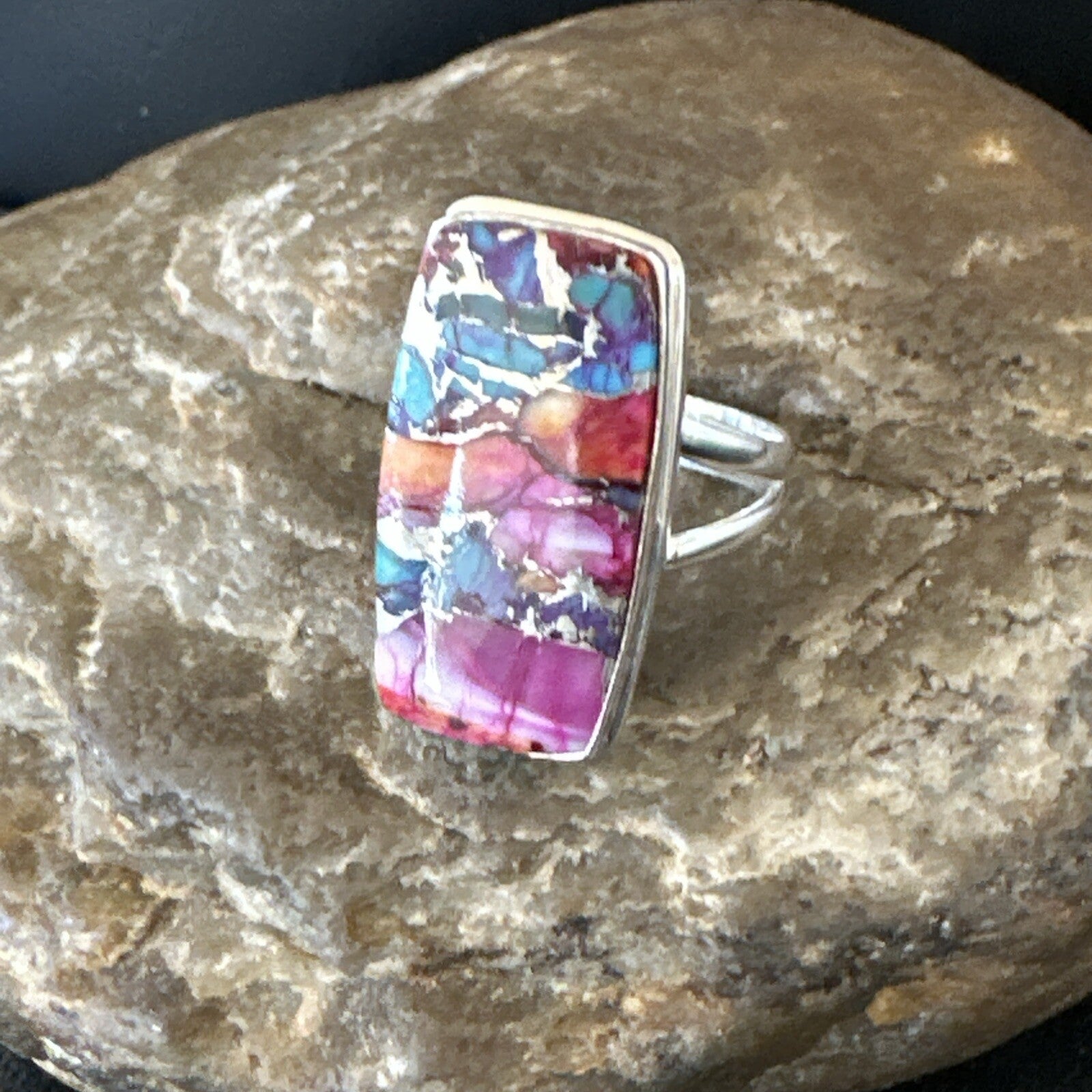 Blue Turquoise Spiny Oyster Southwestern Sterling Silver Ring Size 9 18541