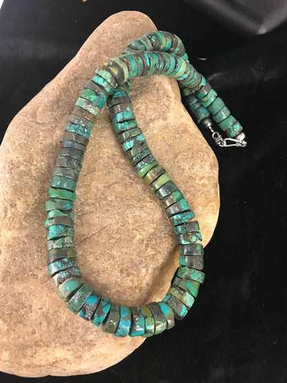 Turquoise 12 mm Heishi Bead Navajo Pearls Sterling Silver Necklace 3406