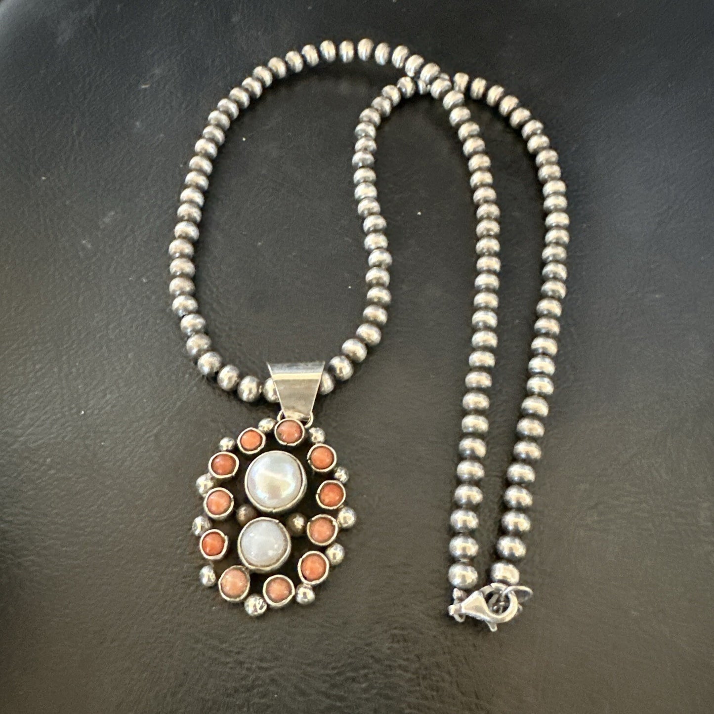 Pink Coral White Pearl Navajo Sterling Silver Cluster Pendant 1.5” 18402