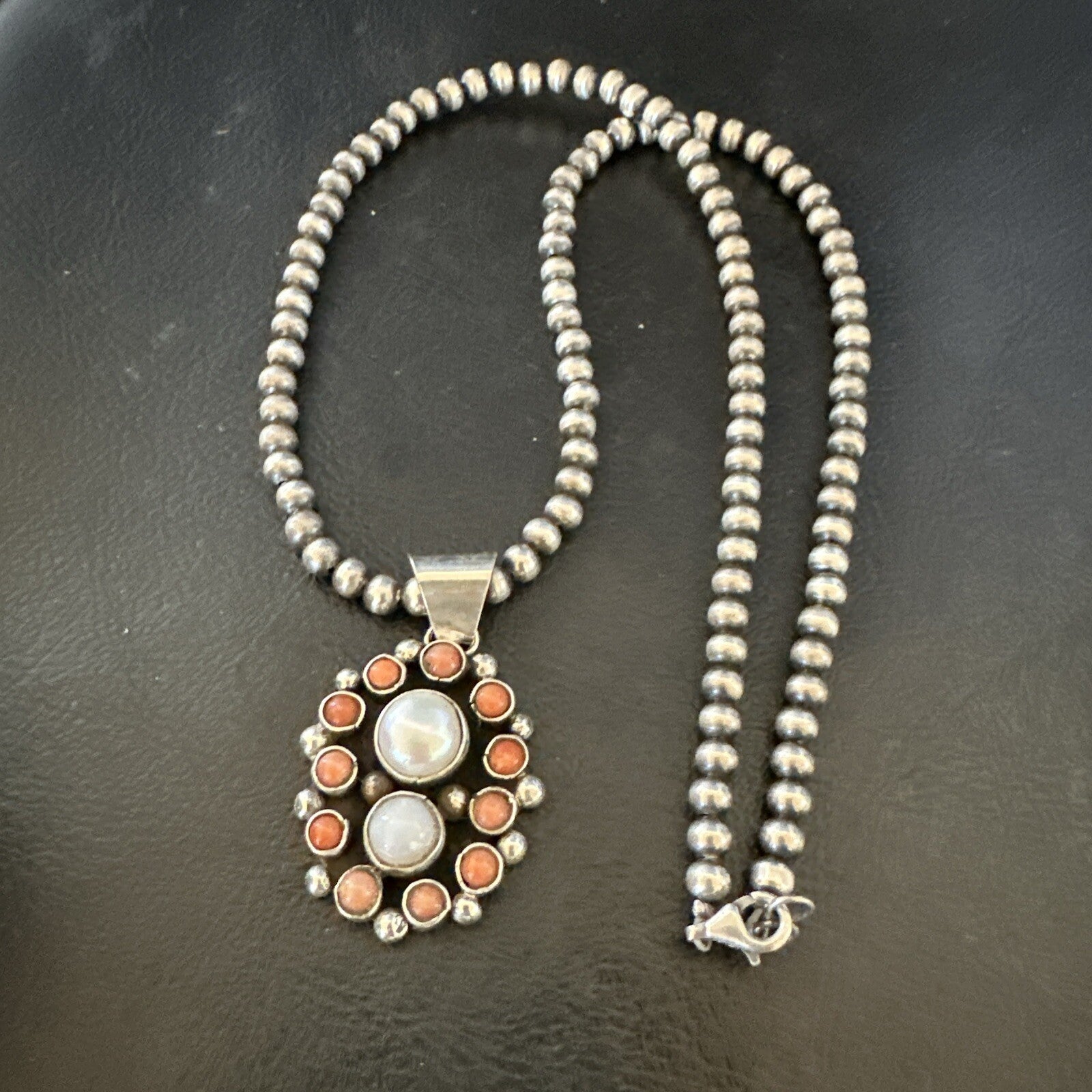 Pink Coral White Pearl Navajo Sterling Silver Cluster Pendant 1.5” 18402