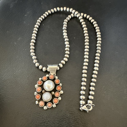 Pink Coral White Pearl Navajo Sterling Silver Cluster Pendant 1.5” 18402