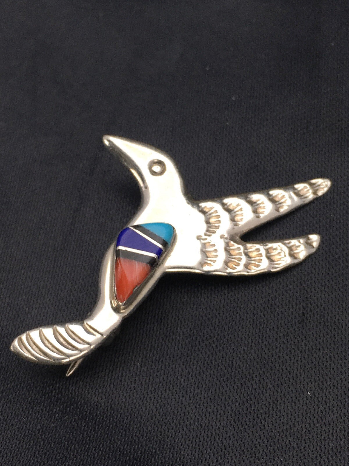 Turquoise Lapis & Coral Hummingbird Inlay Pin Navajo Sterling Silver 02900