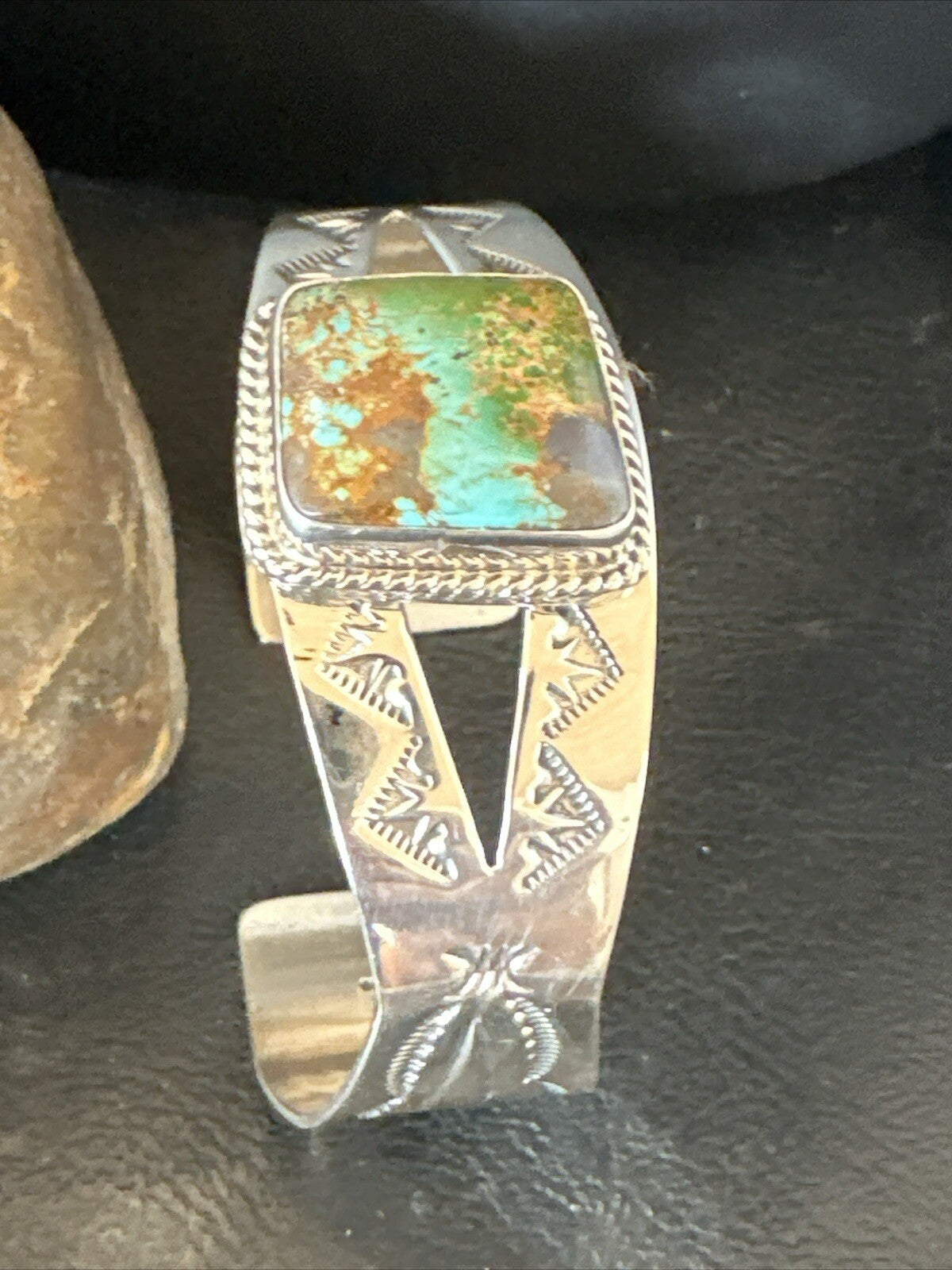 Green Royston Turquoise Navajo Sterling Silver Cuff Bracelet 17856