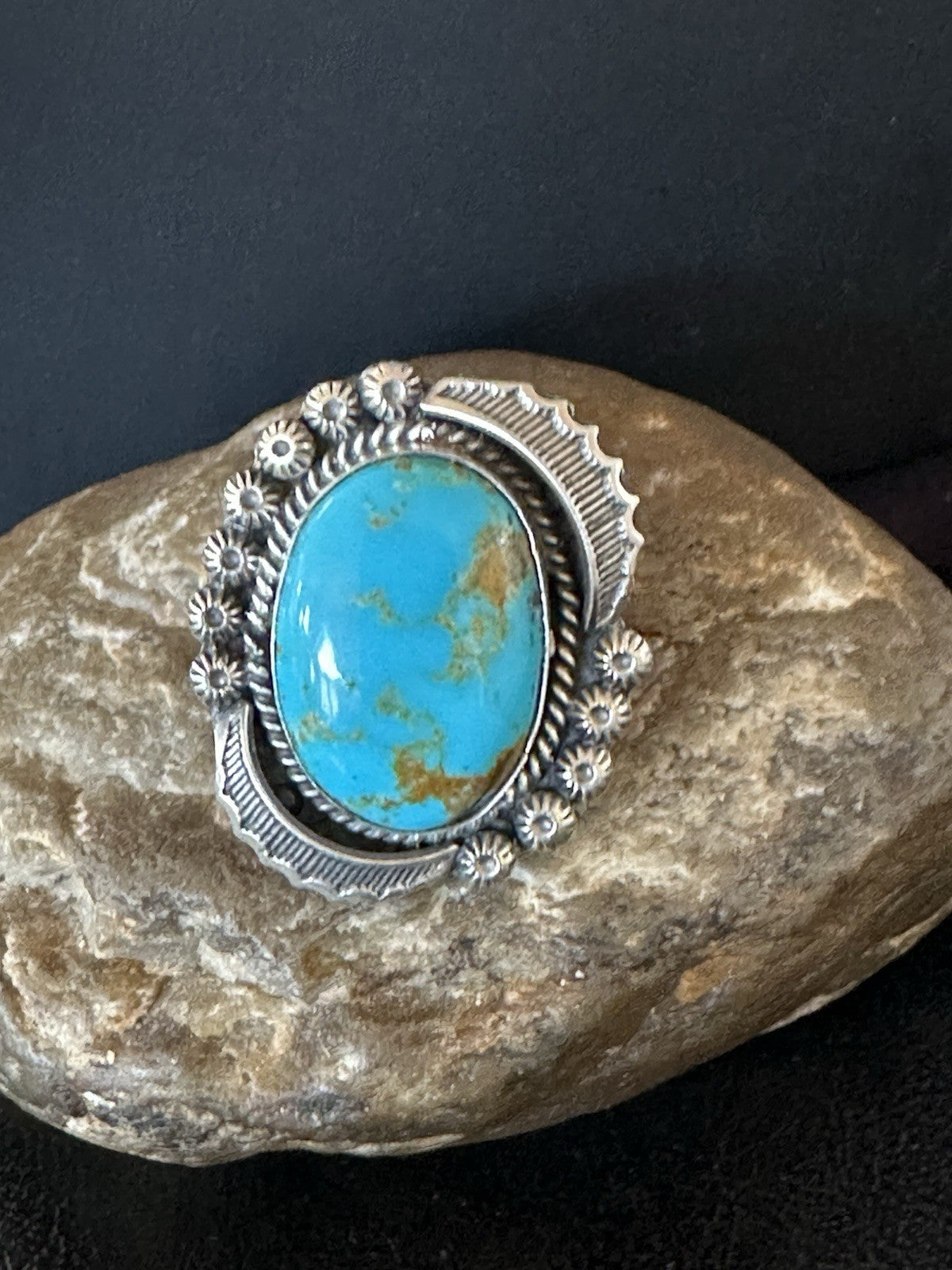Mens Blue Kingman Turquoise Navajo Sterling Silver Adjustable Ring Size 9 19417