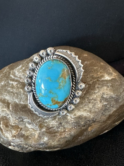 Mens Blue Kingman Turquoise Navajo Sterling Silver Adjustable Ring Size 9 19417