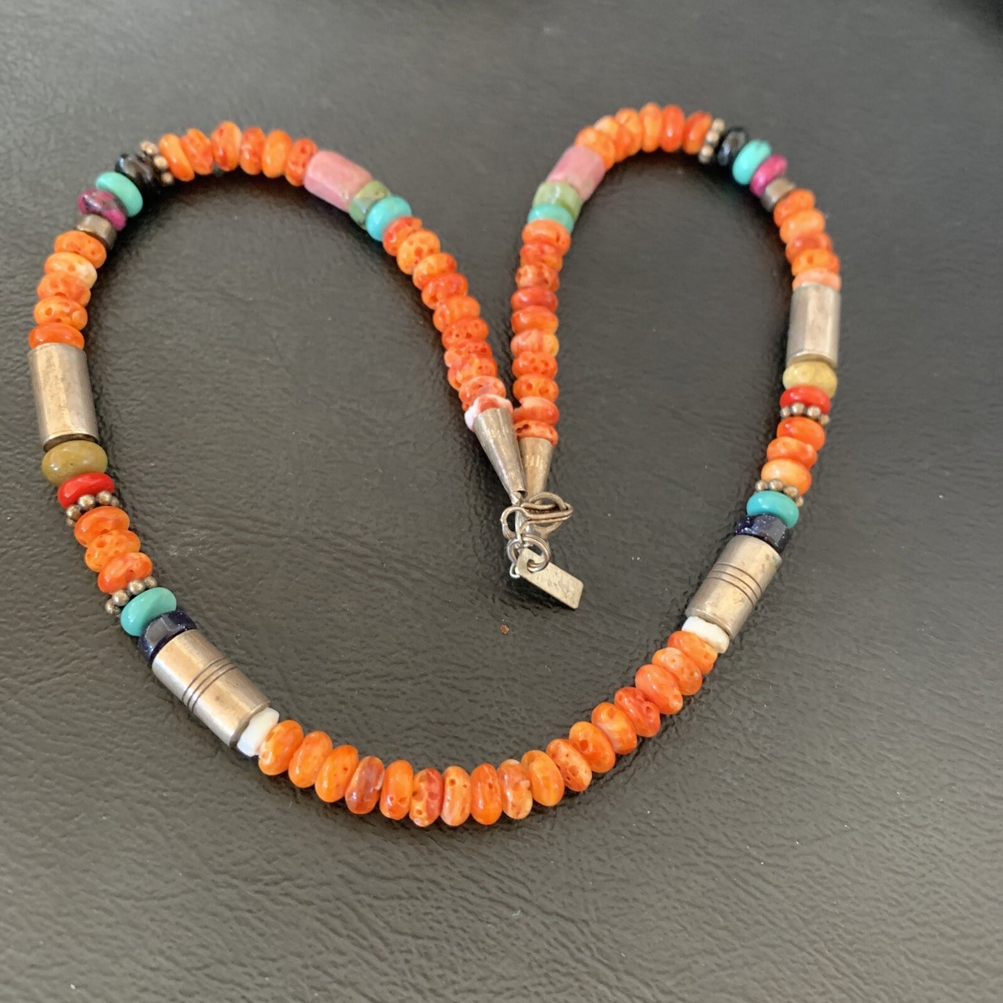 Turquoise Spiny Oyster & Coral Beads Sterling Silver Gold Necklace 10393