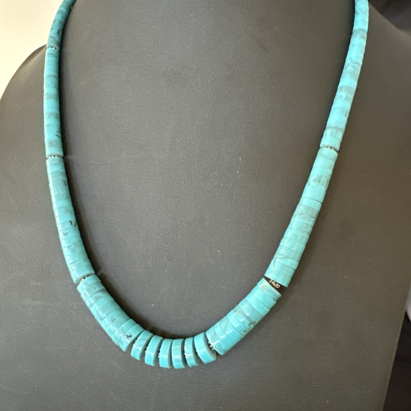 Blue Robin Egg Turquoise Heishi Stabilized Graduated Sterling 23” Necklace 19725