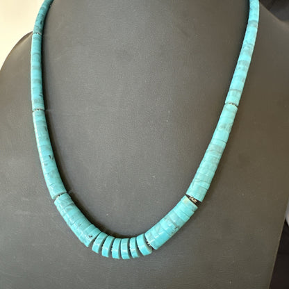 Blue Robin Egg Turquoise Heishi Stabilized Graduated Sterling 23” Necklace 19725