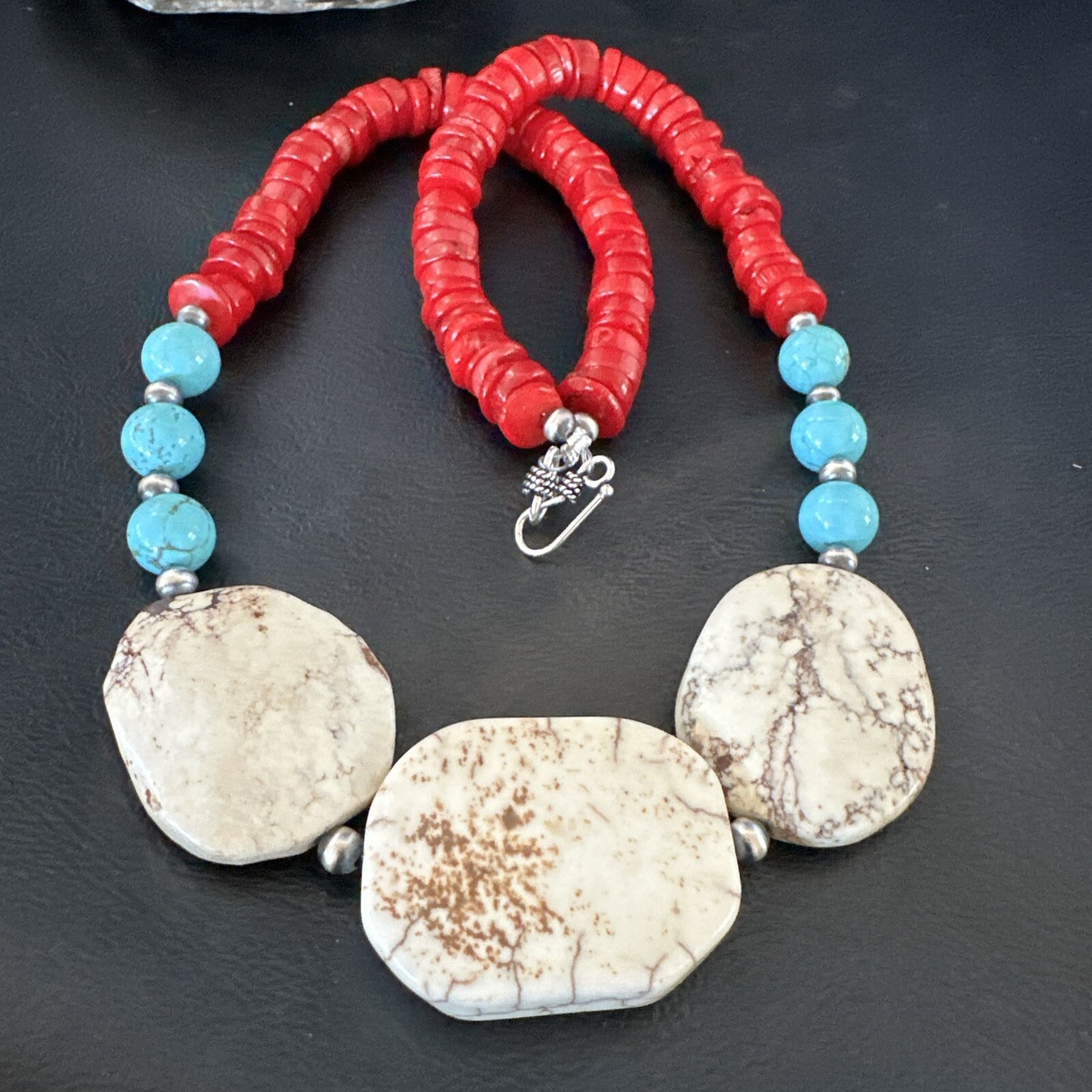 Mens Wild Horse Blue Turquoise Red Coral Navajo Sterling Silver Necklace 17981