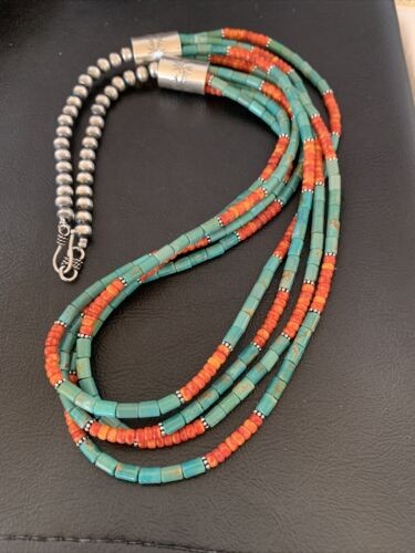 Navajo Green Royston Turquoise Spiny Necklace Sterling Silver 26" 10469