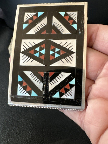 Zuni Black Onyx Belt Buckle Ranger Set Turquoise MOP Coral Sterling Silver 18141