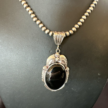 Mens Womens Black Onyx Pendant Navajo Sterling Silver Beads Necklace 18307