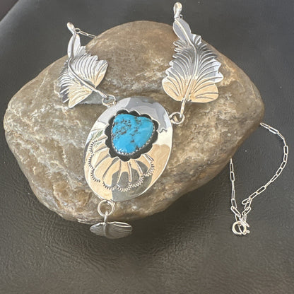 Blue Kingman Turquoise Navajo Sterling Silver Necklace Pendant 18576