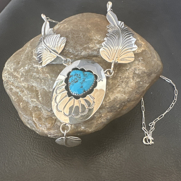 Blue Kingman Turquoise Navajo Necklace Pendant | Sterling Silver | Authentic Native American Handmade | 18576