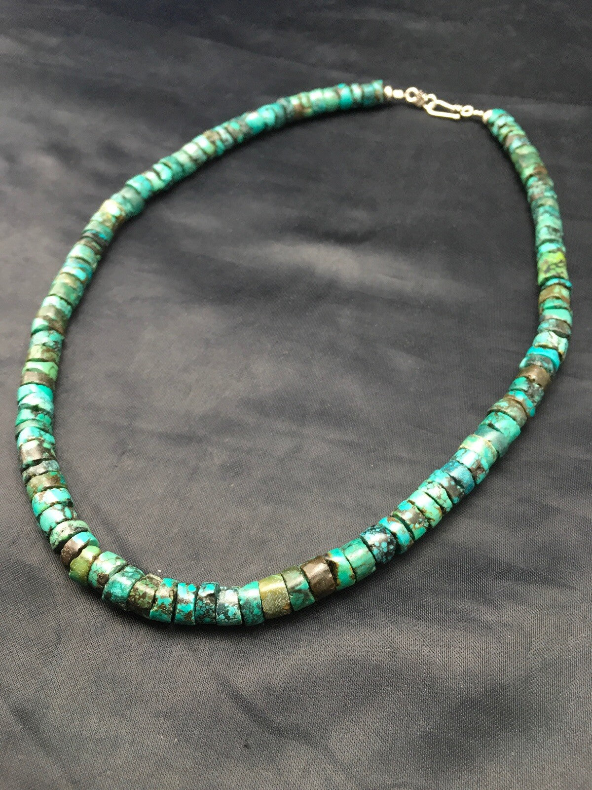 Rustic Turquoise 12 mm Heishi Sterling Silver Bead Necklace 26” 15262