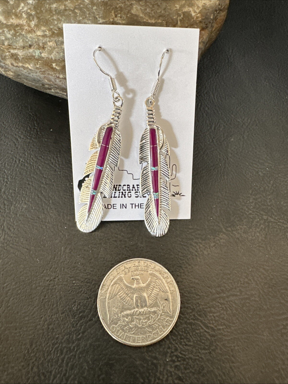 Purple Sugilite Opal Sterling Silver Handmade Inlay Feather Earrings 18694