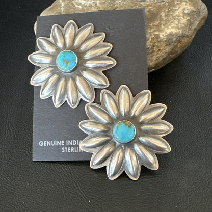 Navajo Blue Turquoise Sterling Silver Stamped Flower Earrings 19083