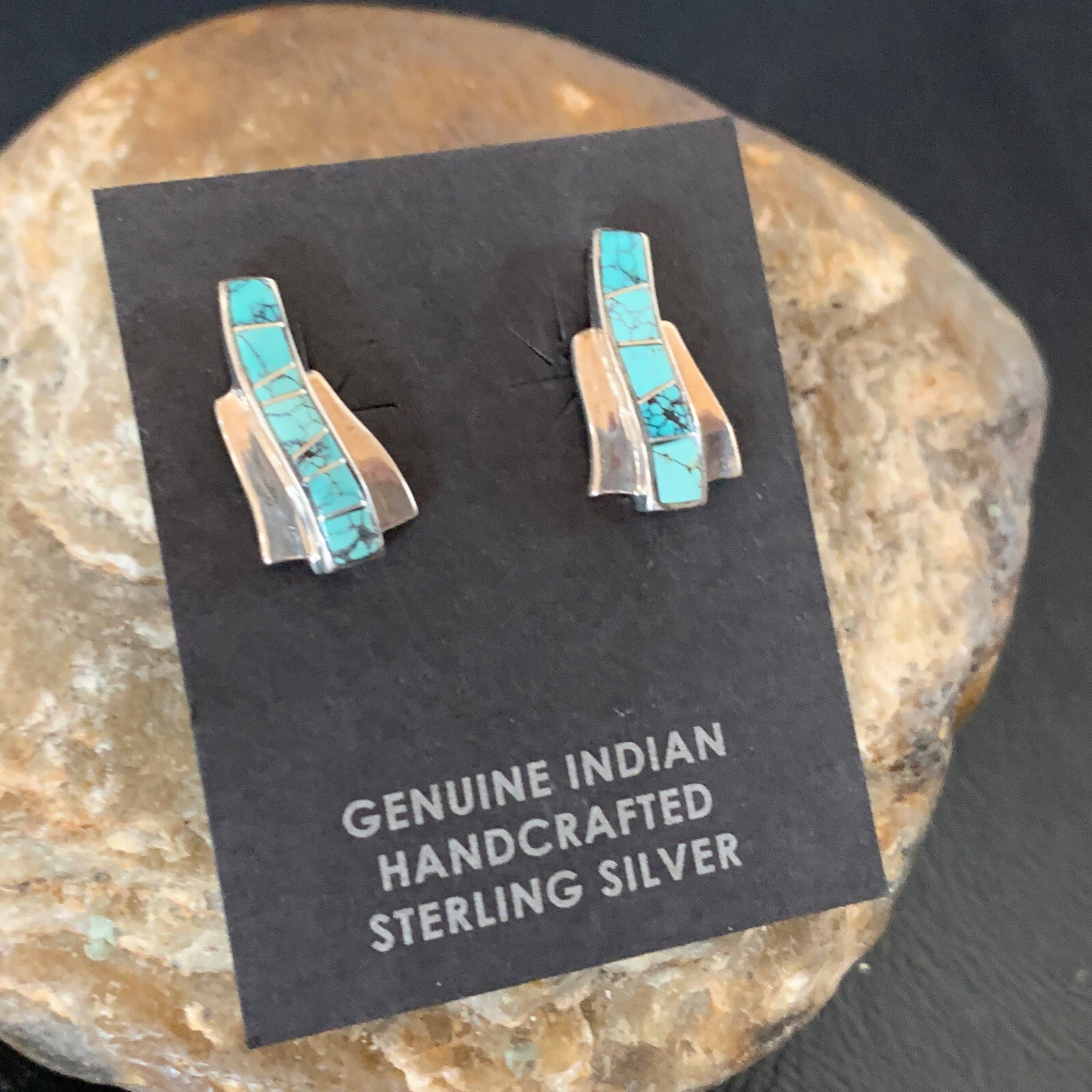 Womens Blue Spider Web Turquoise Navajo Sterling Silver Inlay Earrings 12901