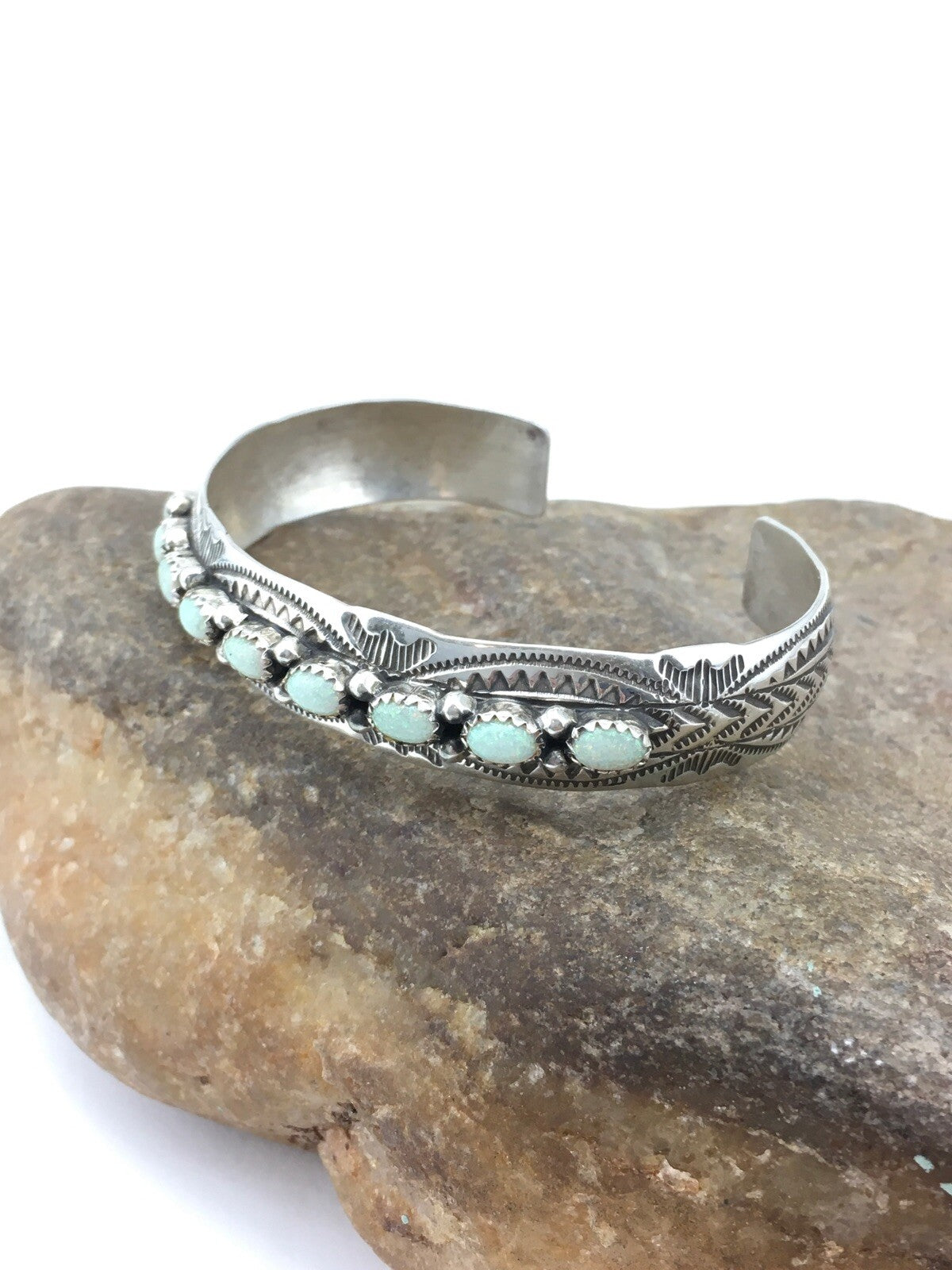 White Opal Navajo Sterling Silver Native American Cuff Bracelet 4734