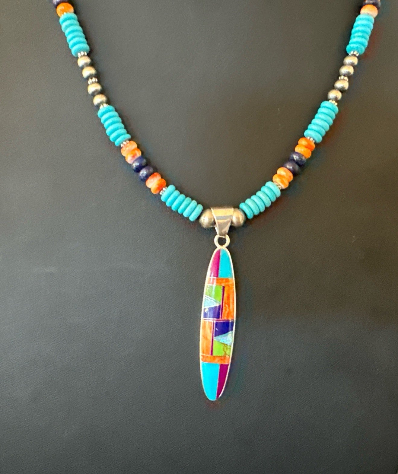 Multicolor Turquoise Spiny Navajo Sterling Silver Inlay Pendant Necklace 19653