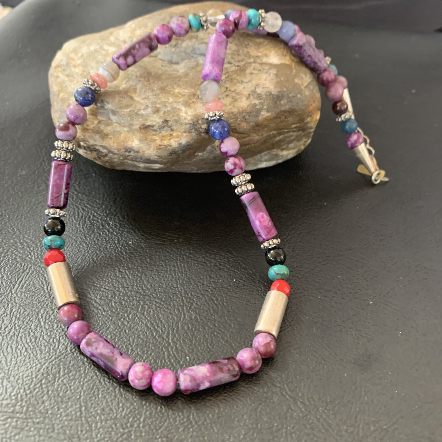 Turquoise Purple Stone & Coral Beads Navajo Sterling Silver Necklace 10391