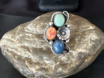Multicolor Ring Turquoise Spiny Navajo Sterling Silver Cluster Size 9 19187