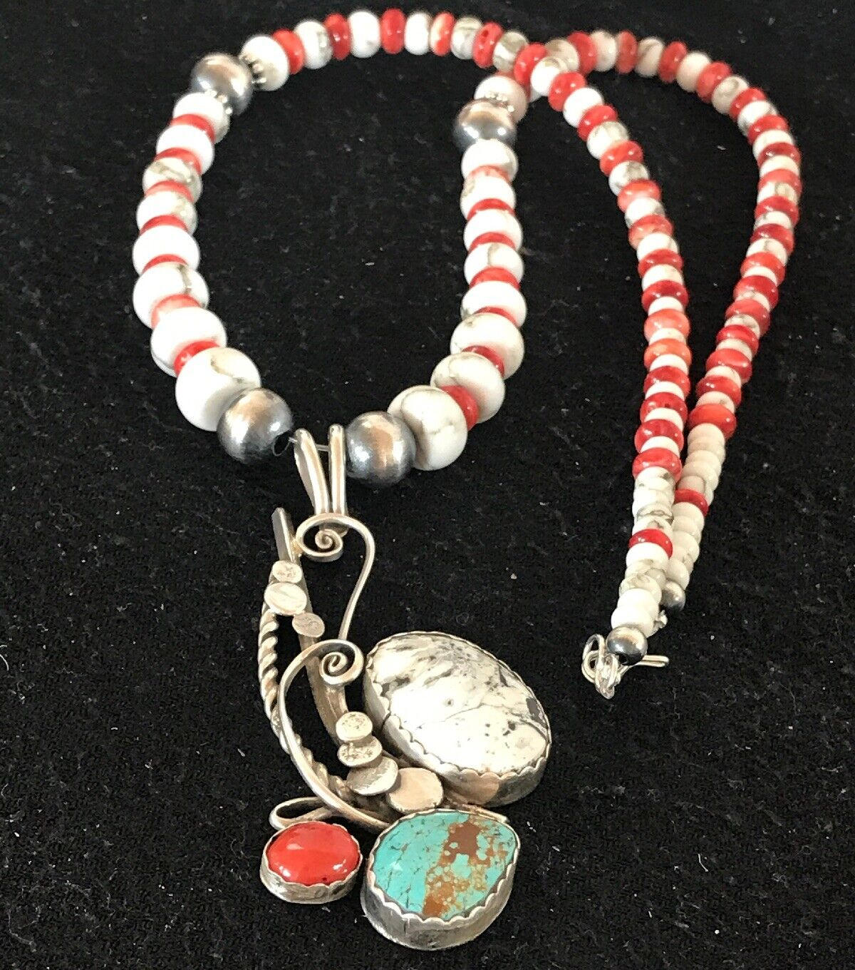 Blue Turquoise Spiny Oyster Pendant Pearls Sterling Beads Silver Necklace 8644