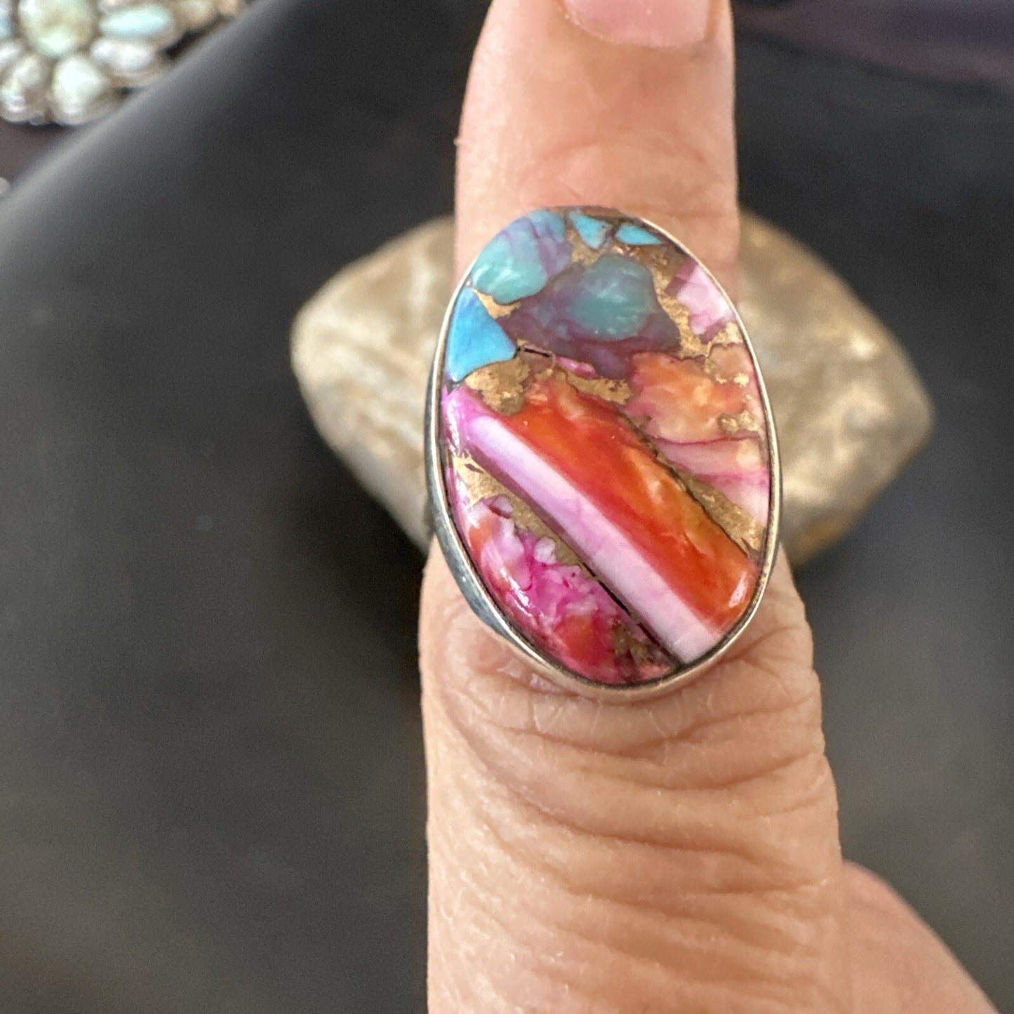 Blue Turquoise Spiny Oyster Southwestern Sterling Silver Ring Size 6 18475