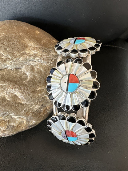 Blue Turquoise Coral MOP Zuni Sterling Silver Inlay Sunface Cuff Bracelet 18872