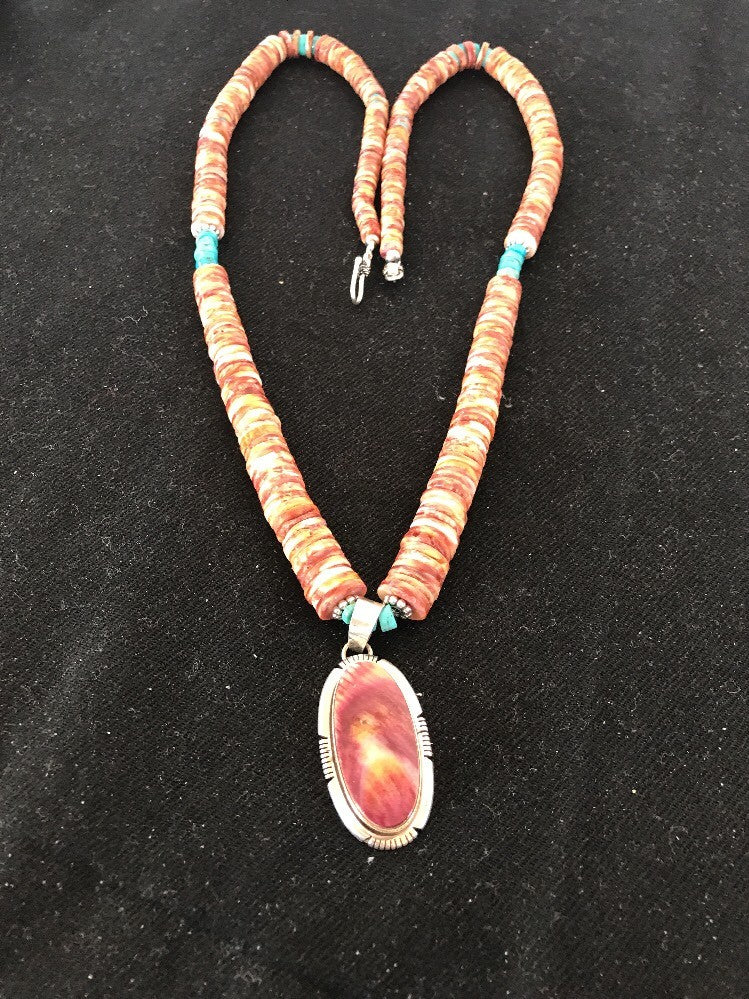 Native Navajo Sterling Silver Turquoise Spiny Oyster Bead Necklace Pendant 10040