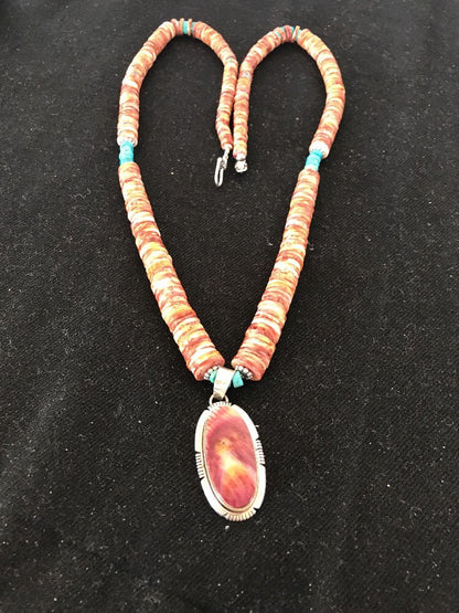 Native Navajo Sterling Silver Turquoise Spiny Oyster Bead Necklace Pendant 10040