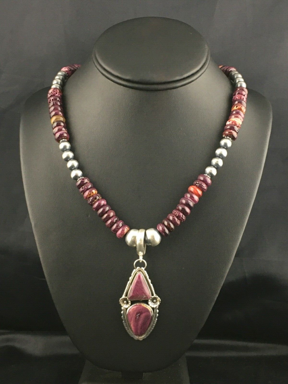 Purple Spiny Oyster Pendant Navajo Sterling Silver Beads Necklace 08175