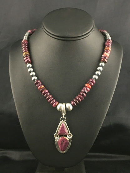 Purple Spiny Oyster Pendant Navajo Sterling Silver Beads Necklace 08175