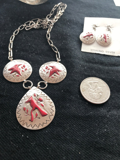 Coral Pendant Zuni Sterling Silver Cardinal Old Pawn Necklace Earrings 01133N