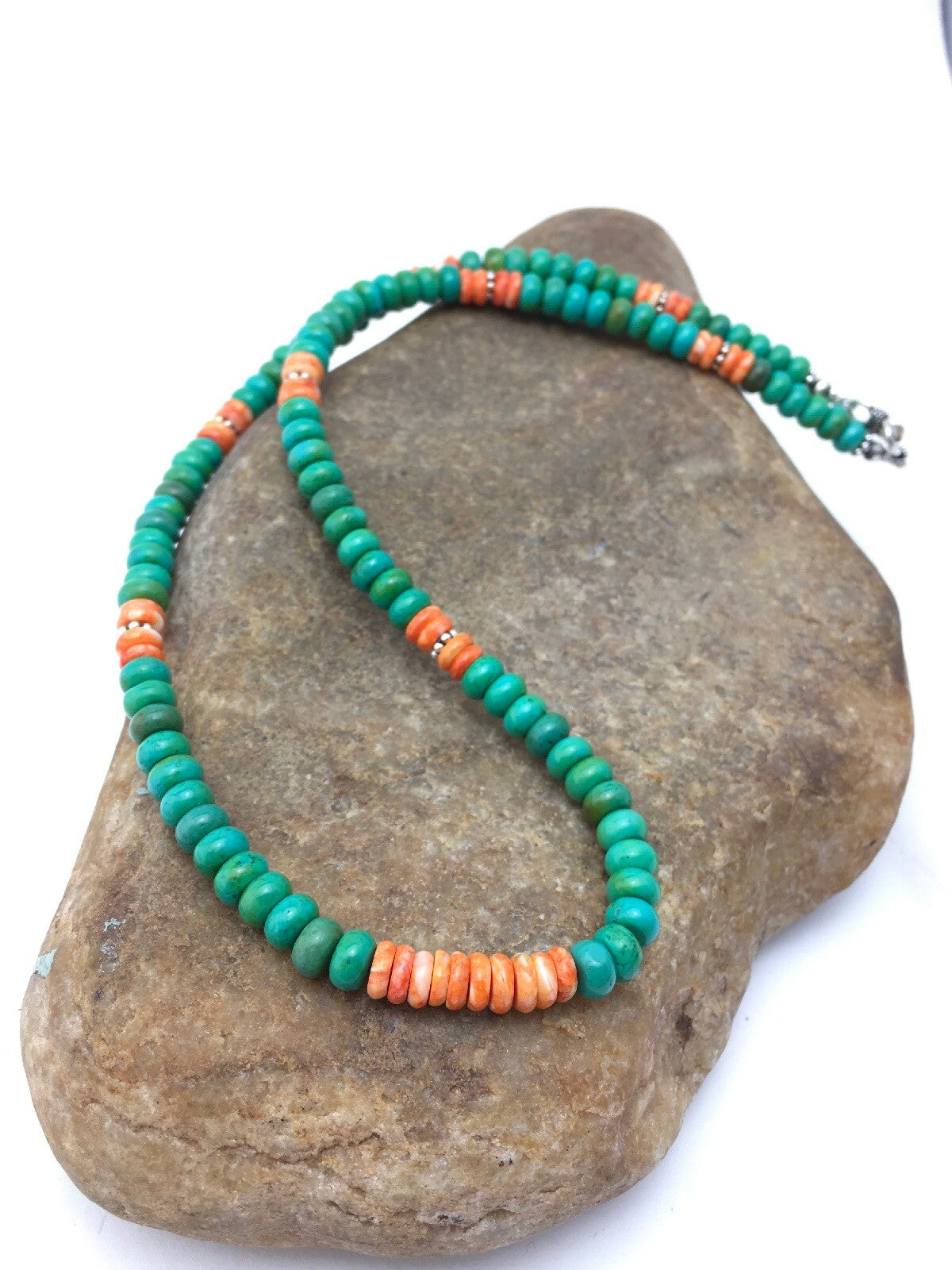 Green Turquoise & Spiny Oyster Navajo Sterling Silver Necklace 19" 04488