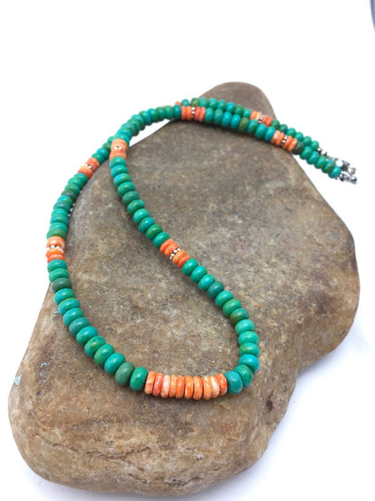 Green Turquoise & Spiny Oyster Navajo Sterling Silver Necklace 19" 04488