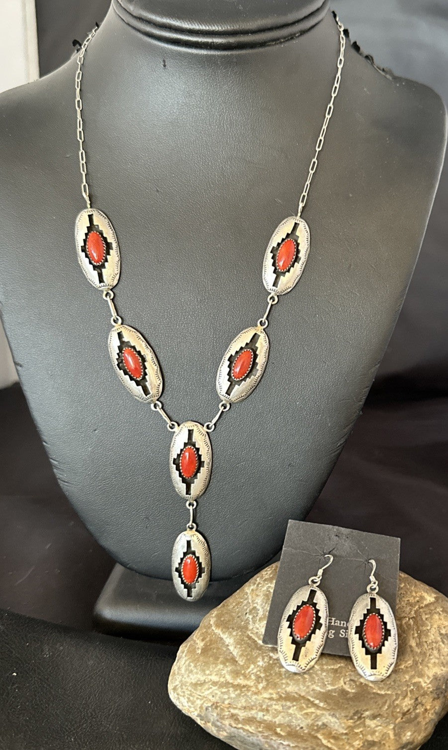 Old Native Navajo Red Coral Sterling Silver Shadowbox Necklace Earrings 18”19101