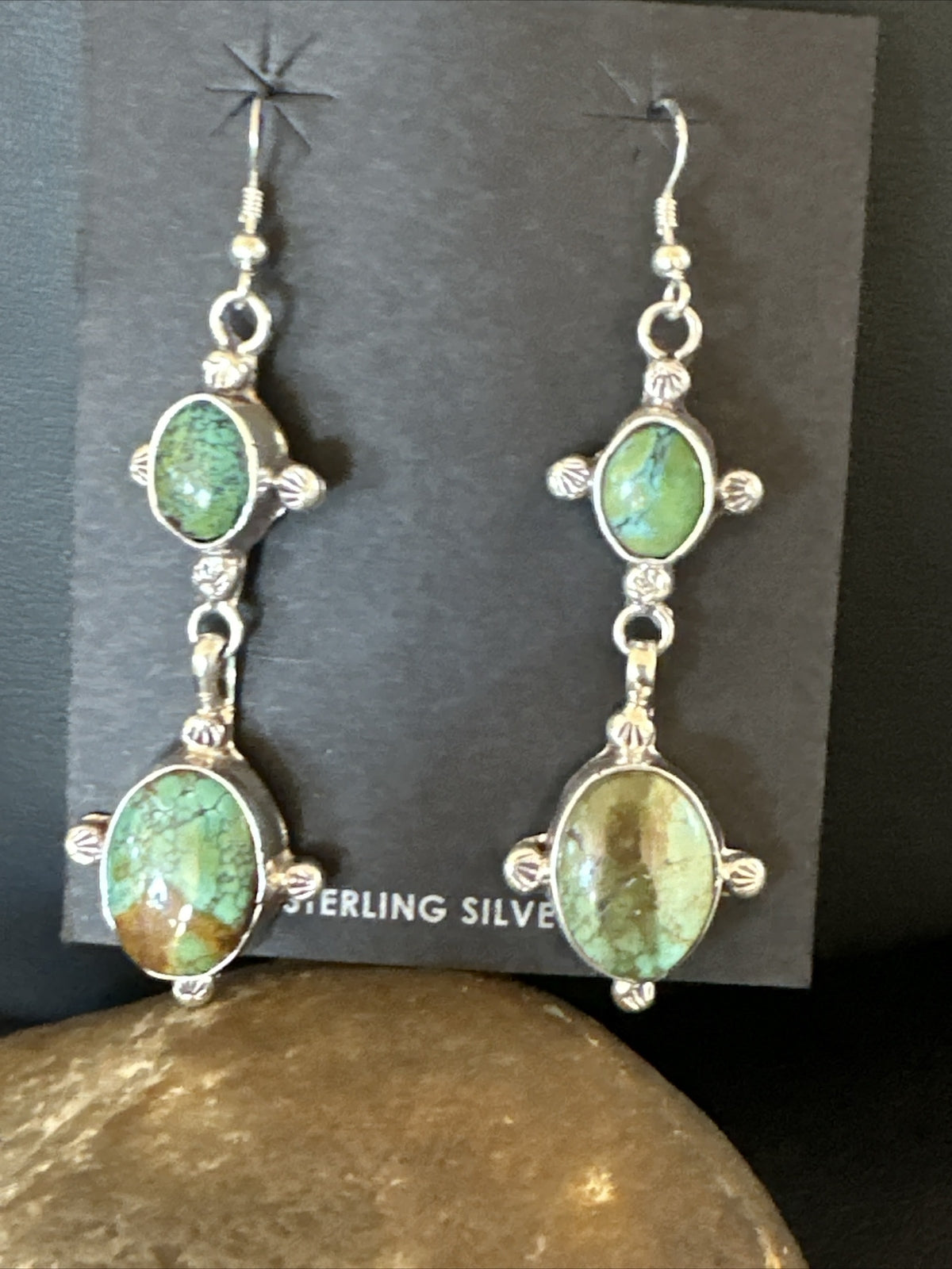 Native Navajo Green Turquoise Sterling Silver Dangle Earrings 2” 17695