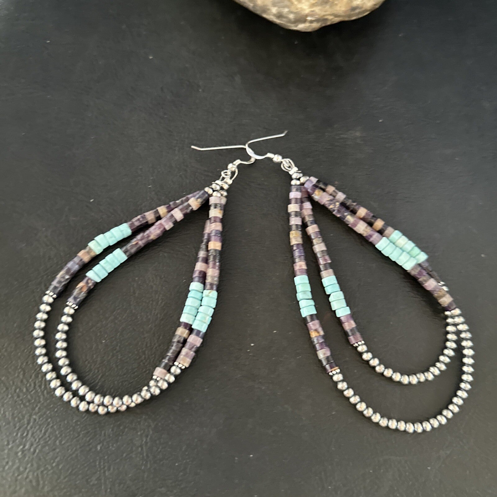 XL  Purple Stone Turquoise Sterling Silver Heishi Bead Earrings 4" 17837