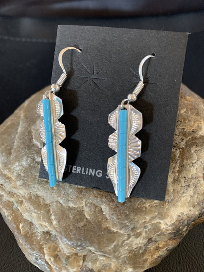 Blue Turquoise Sterling Silver Navajo Handmade Inlay Feather Earrings 13063